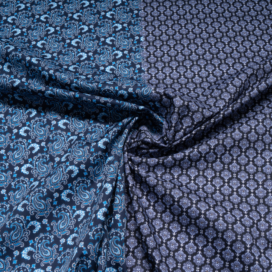 Dark Blue Paisley & Geo Double Printed Cotton