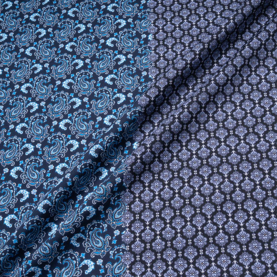 Dark Blue Paisley & Geo Double Printed Cotton