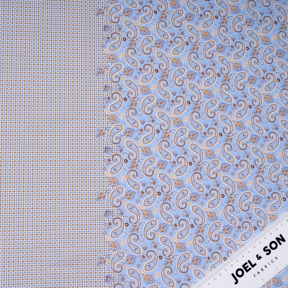 Beige & Blue Paisley & Geo Double Printed Cotton