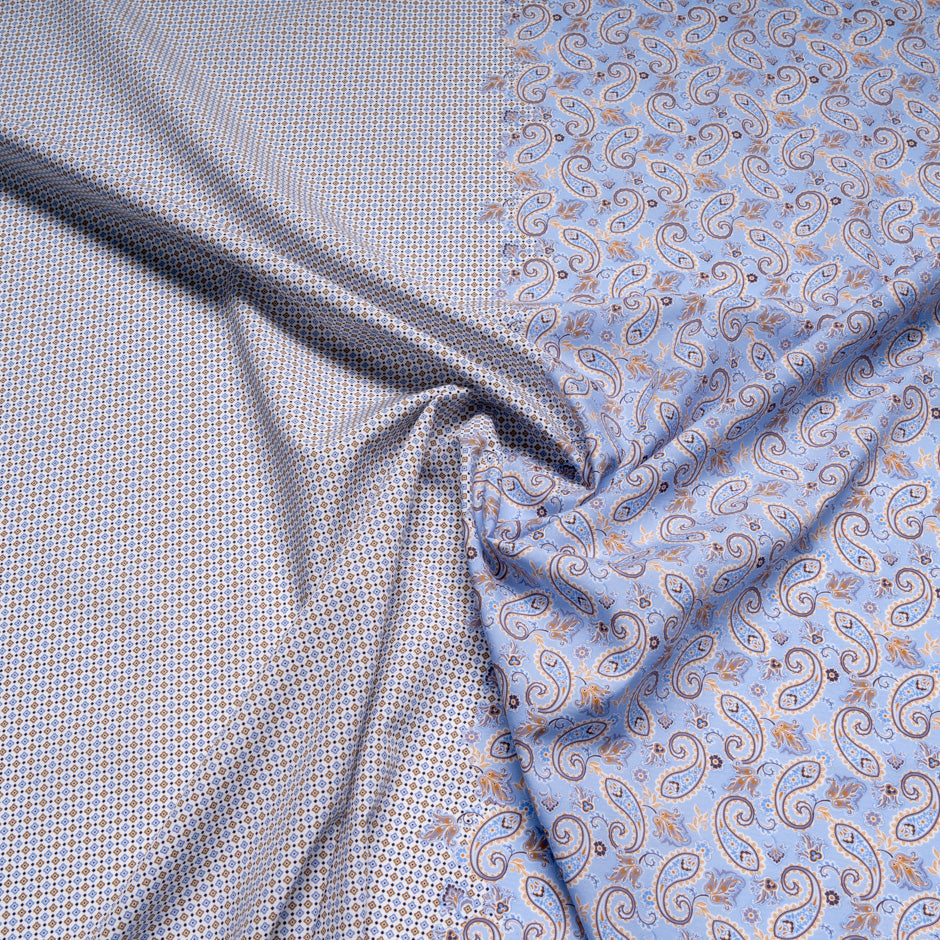 Beige & Blue Paisley & Geo Double Printed Cotton