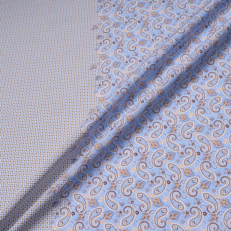 Beige & Blue Paisley & Geo Double Printed Cotton