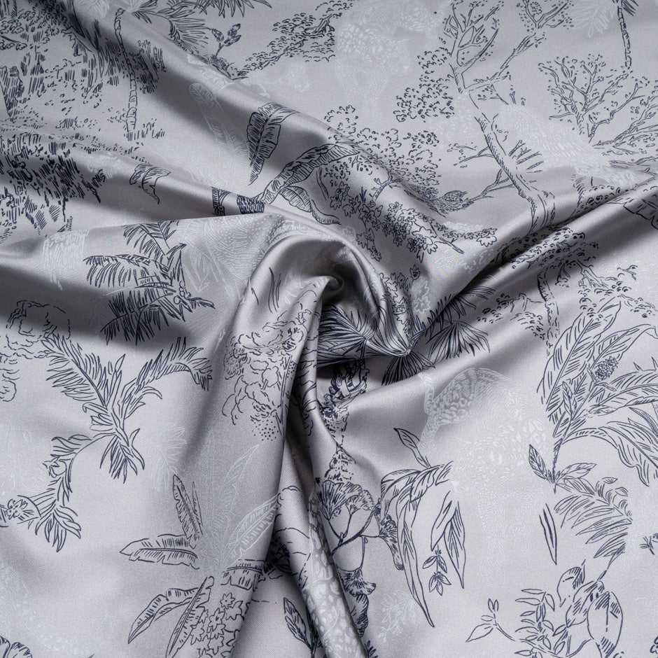 Jungle Themed Vision Printed Grey Pure Silk Twill