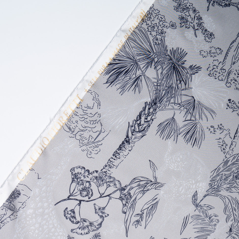 Jungle Themed Vision Printed Grey Pure Silk Twill