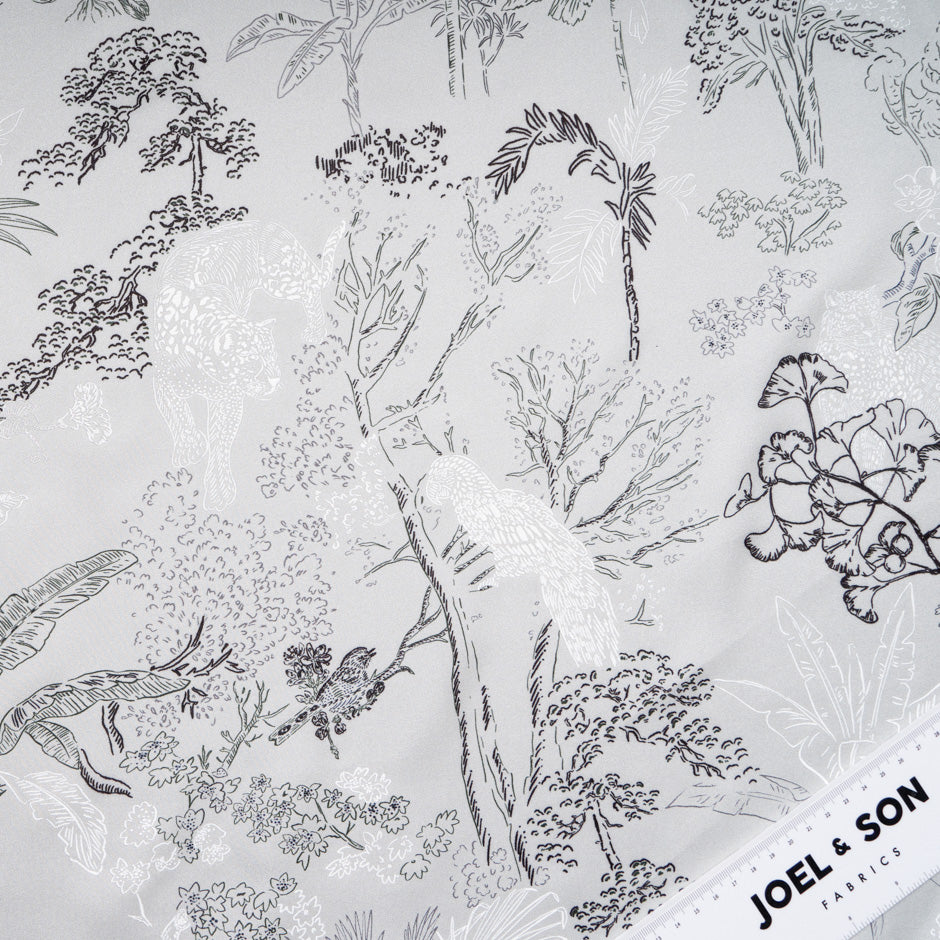 Jungle Themed Vision Printed Pale Grey Silk Twill