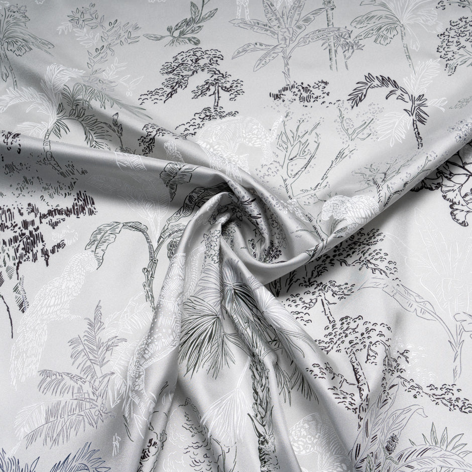 Jungle Themed Vision Printed Pale Grey Silk Twill