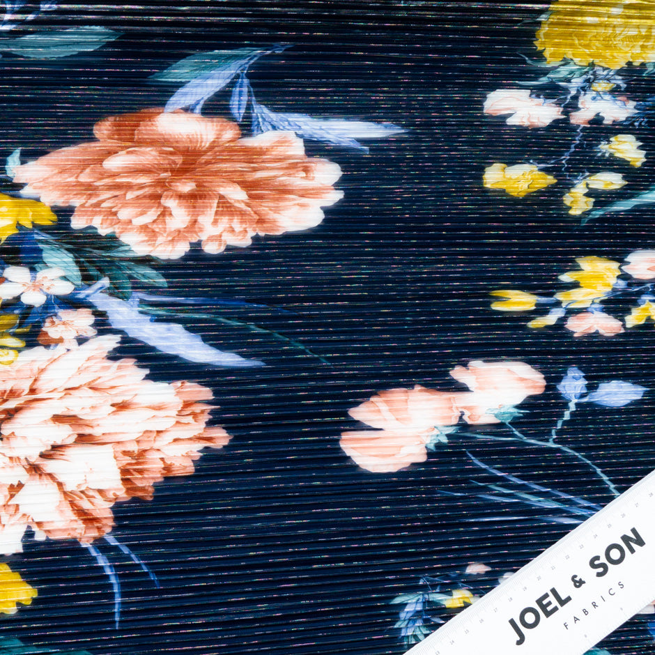 Multi Floral Printed Midnight Pleated Microfibre