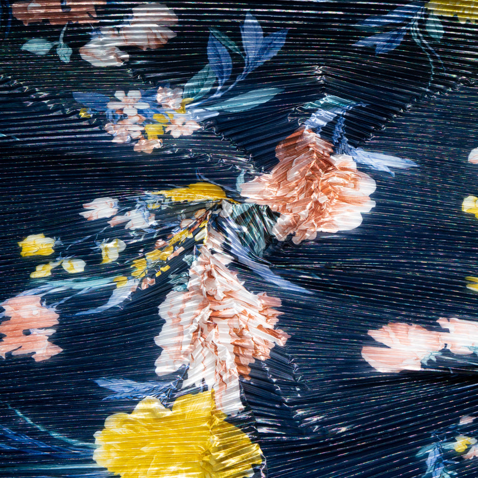 Multi Floral Printed Midnight Pleated Microfibre