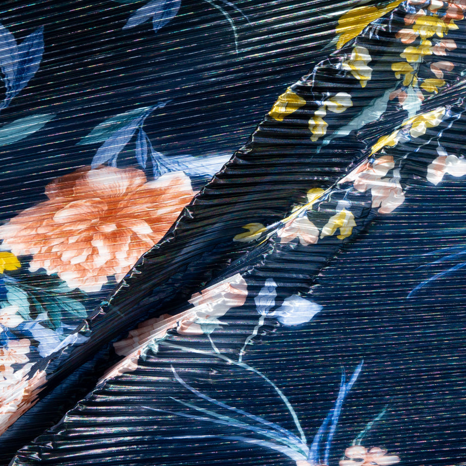 Multi Floral Printed Midnight Pleated Microfibre