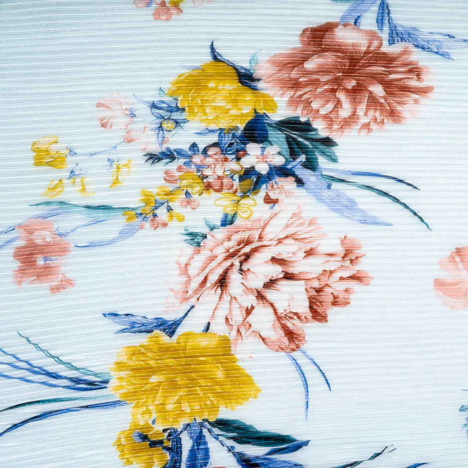 Multi Floral Printed Soft Blue Pleated Microfibre