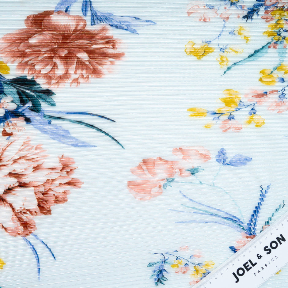 Multi Floral Printed Soft Blue Pleated Microfibre