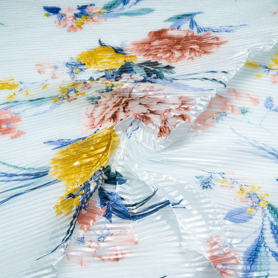 Multi Floral Printed Soft Blue Pleated Microfibre