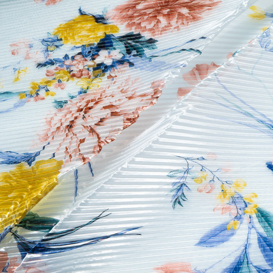 Multi Floral Printed Soft Blue Pleated Microfibre