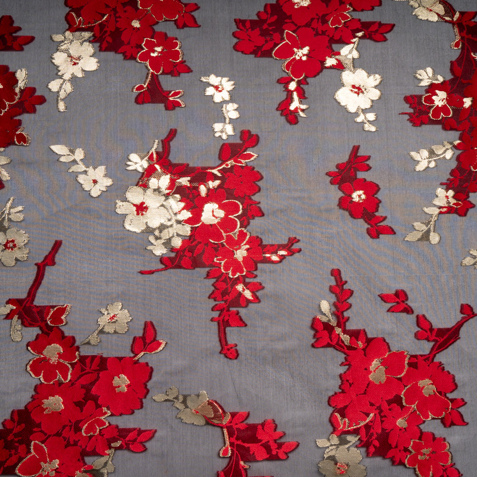 Red & Gold Floral Silk Organza Jacquard