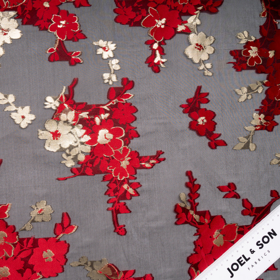 Red & Gold Floral Silk Organza Jacquard