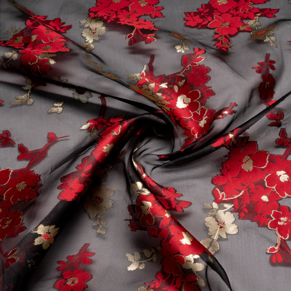 Red & Gold Floral Silk Organza Jacquard