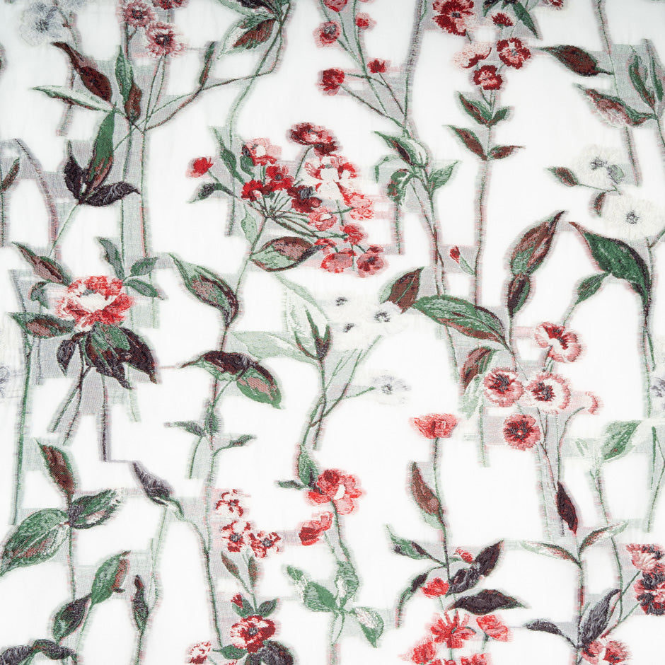 Red Floral Jacquard Ivory Silk Organza