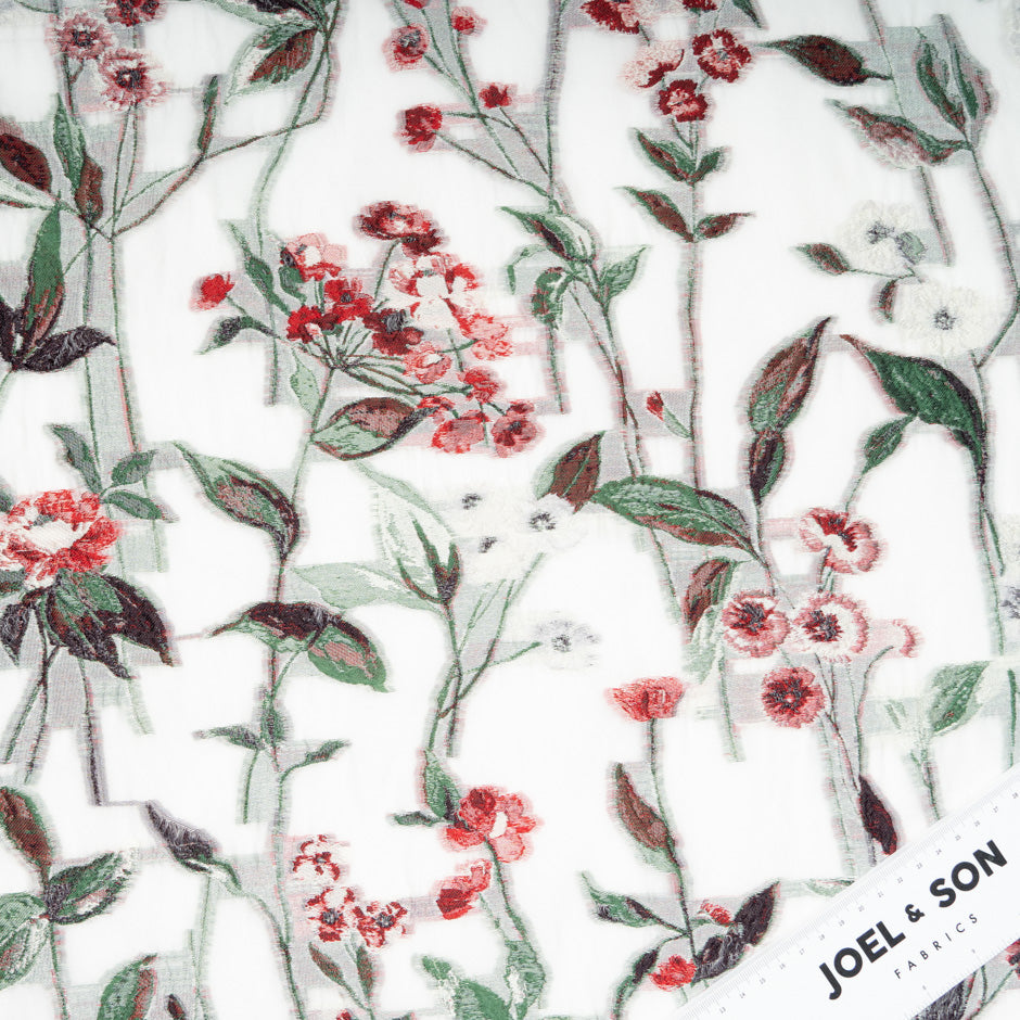 Red Floral Jacquard Ivory Silk Organza