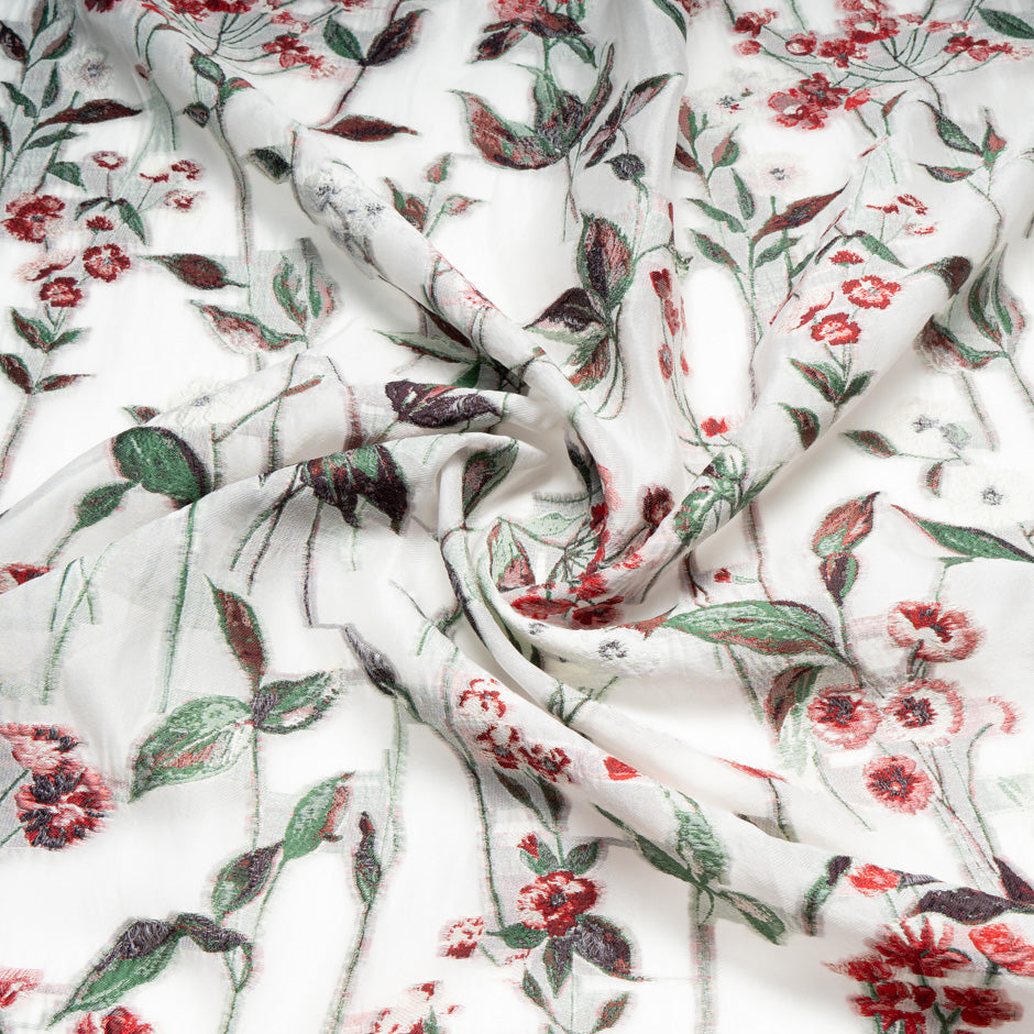 Red Floral Jacquard Ivory Silk Organza