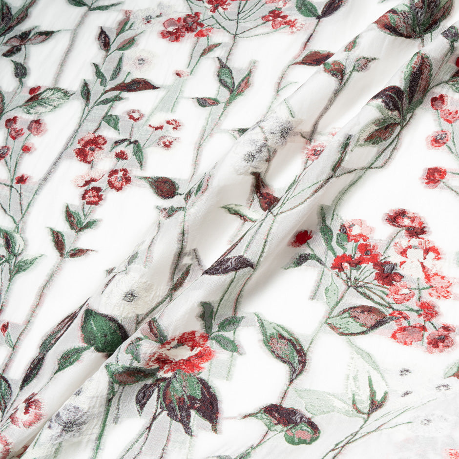 Red Floral Jacquard Ivory Silk Organza