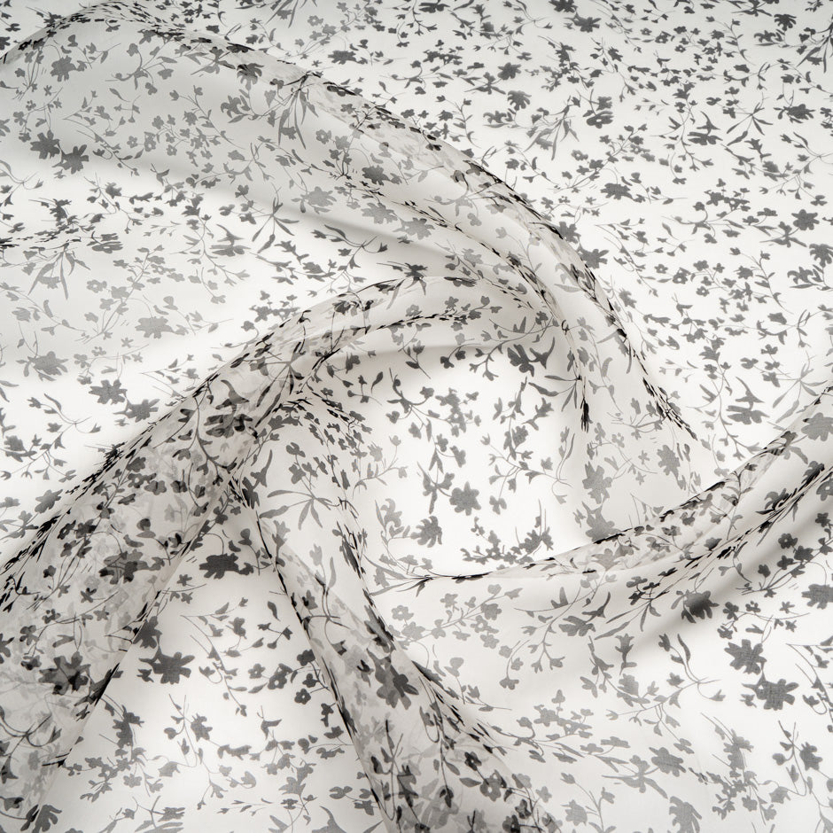 Black Floral Printed White Silk Organza