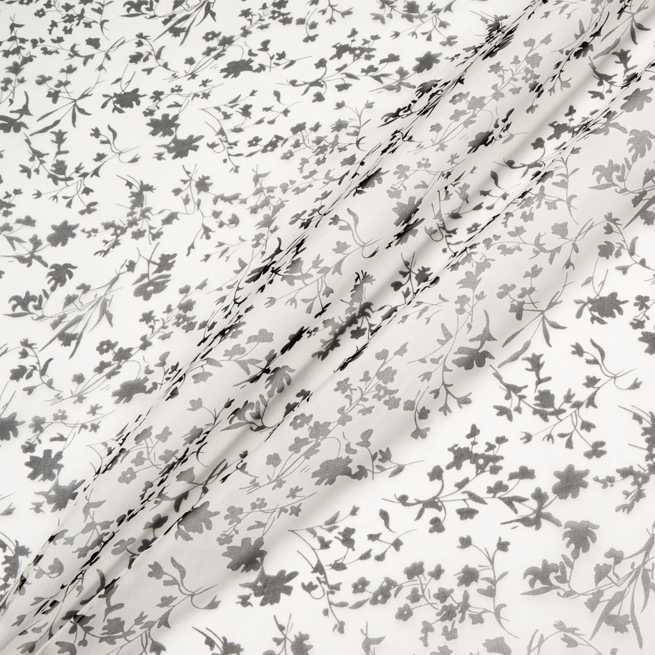 Black Floral Printed White Silk Organza