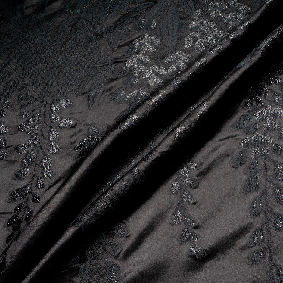 Black Metallic Leaf Jacquard Silk