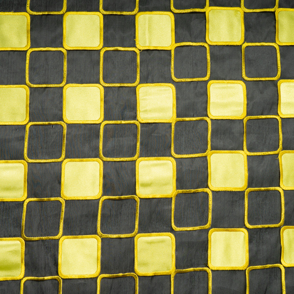 Yellow Check Embroidered Black Organza