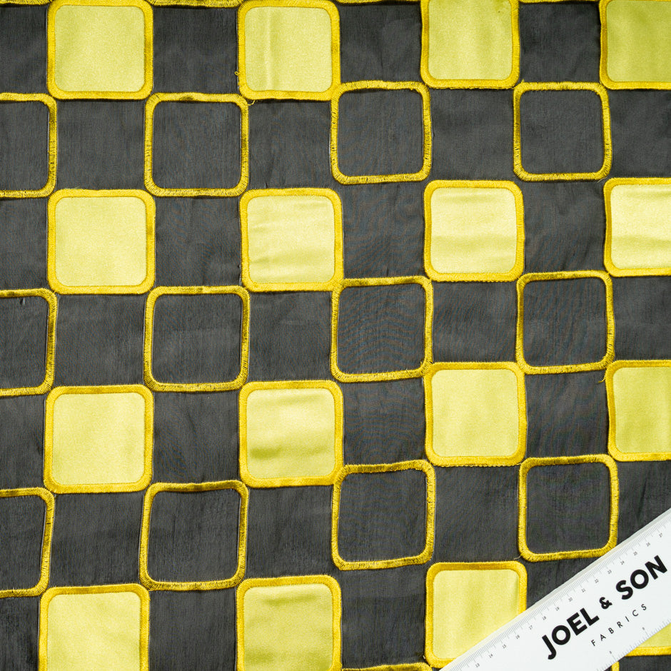 Yellow Check Embroidered Black Organza