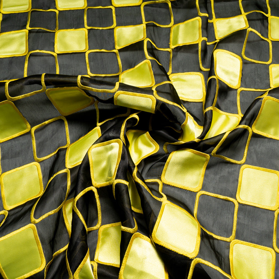 Yellow Check Embroidered Black Organza