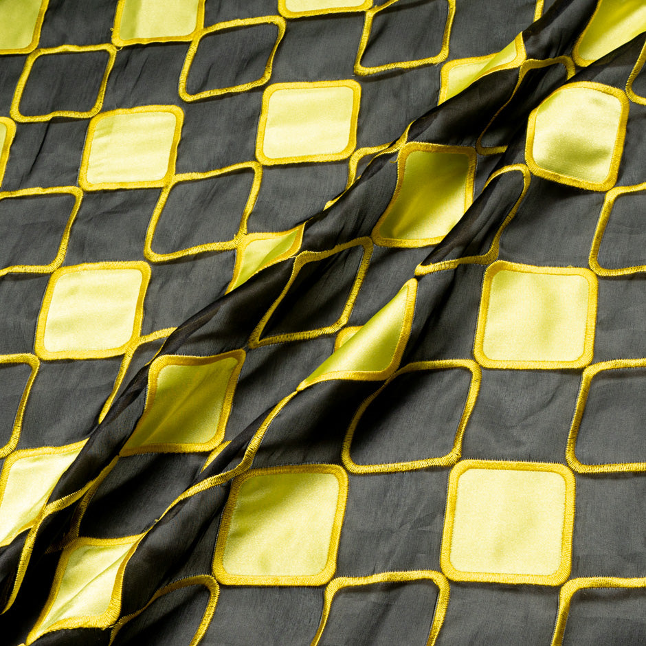 Yellow Check Embroidered Black Organza