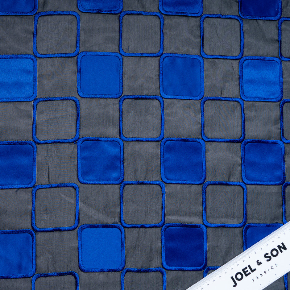 Royal Blue Check Embroidered Black Organza