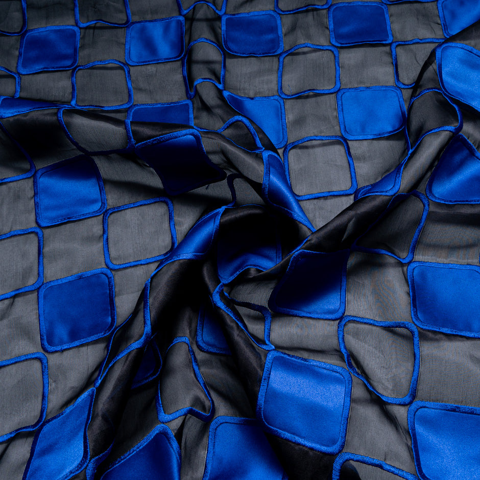 Royal Blue Check Embroidered Black Organza