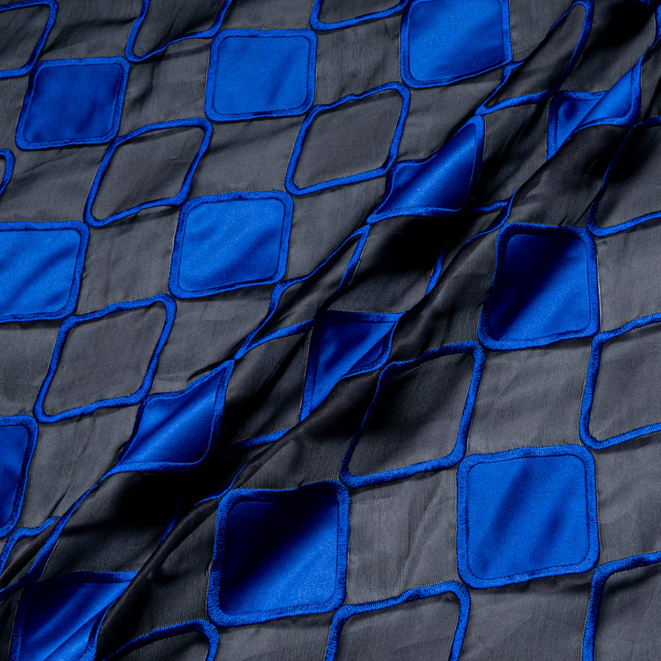 Royal Blue Check Embroidered Black Organza