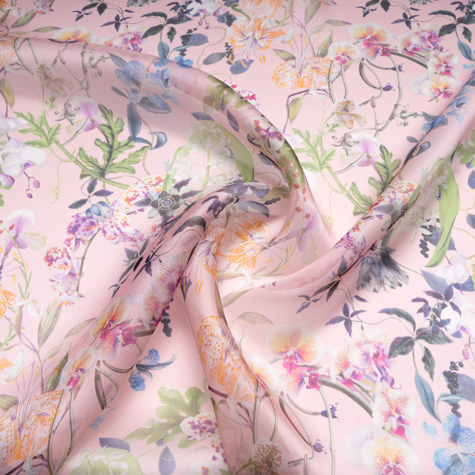 Wild Floral Printed Pink Pure Silk Organza