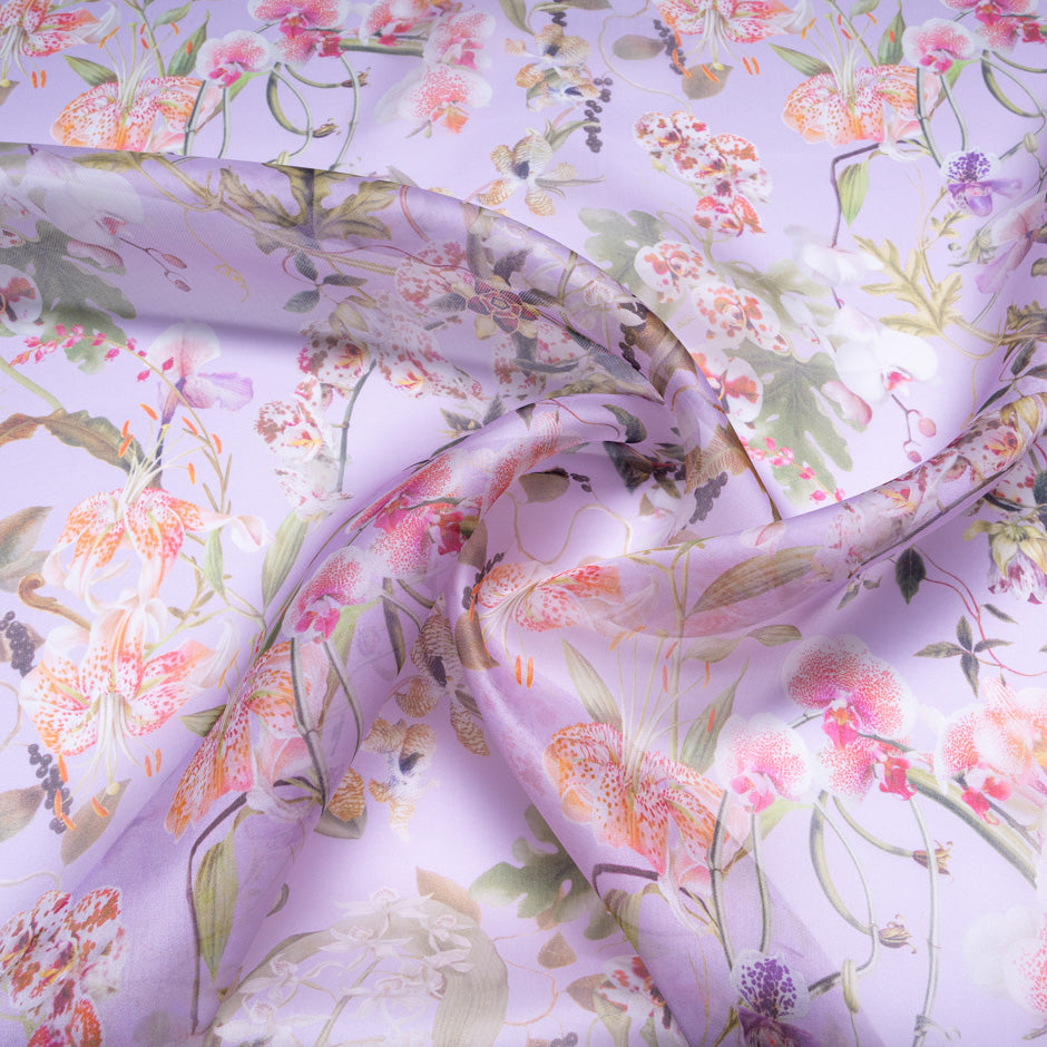 Wild Floral Printed Lilac Pure Silk Organza