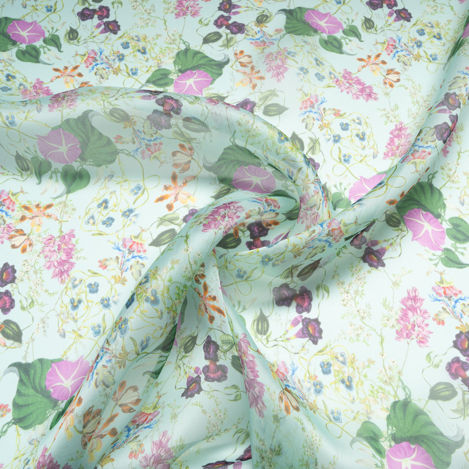 Wild Floral Printed Soft Mint Pure Silk Organza