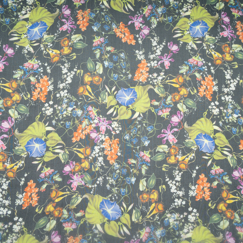 Wild Floral Printed Black Pure Silk Organza