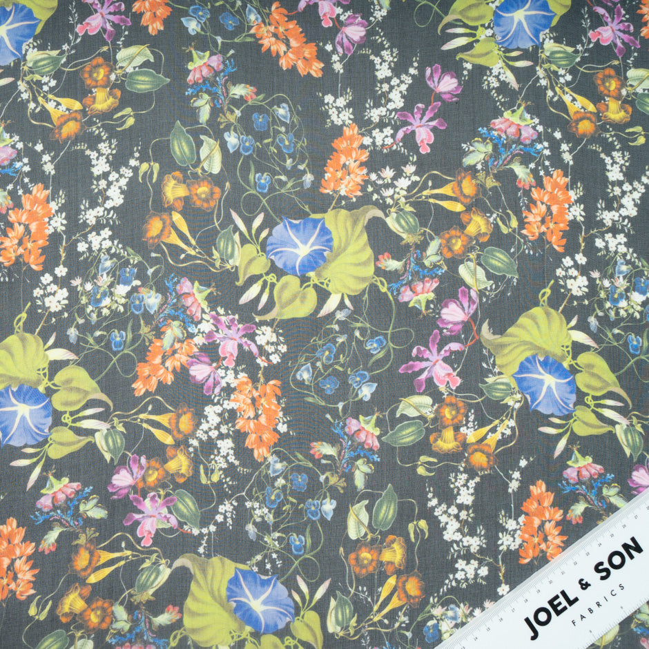 Wild Floral Printed Black Pure Silk Organza