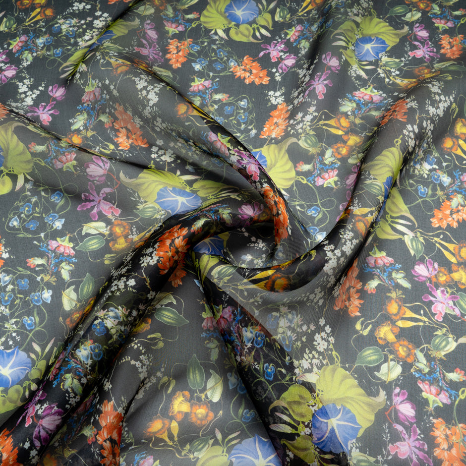 Wild Floral Printed Black Pure Silk Organza