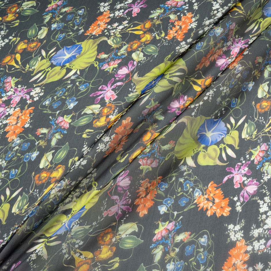 Wild Floral Printed Black Pure Silk Organza