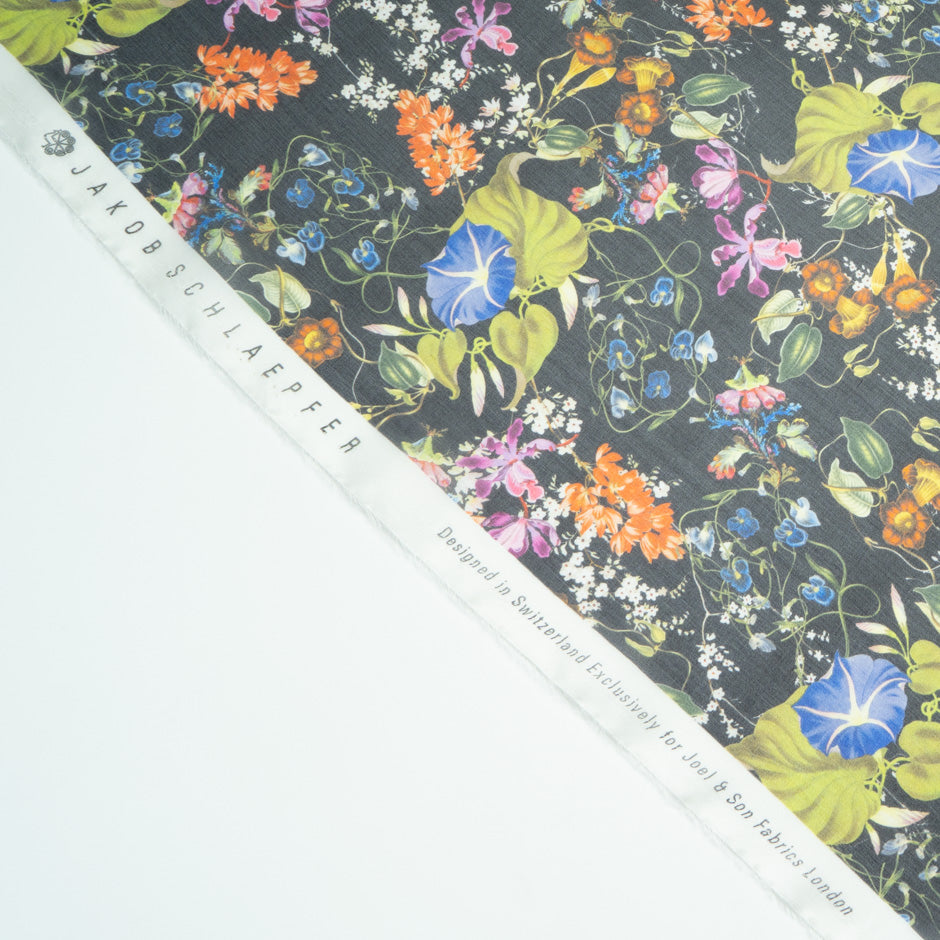 Wild Floral Printed Black Pure Silk Organza