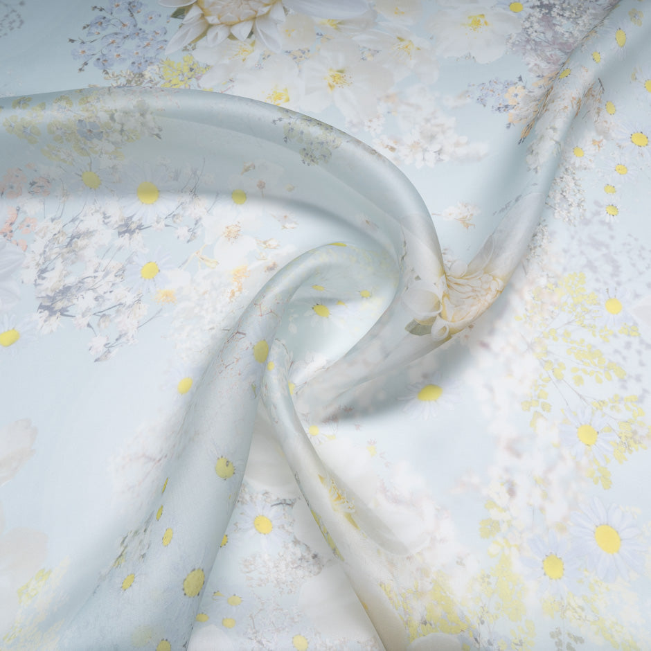 Floral Printed Pale Blue Pure Silk Organza