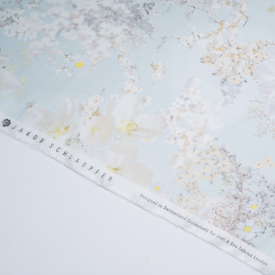 Floral Printed Pale Blue Pure Silk Organza