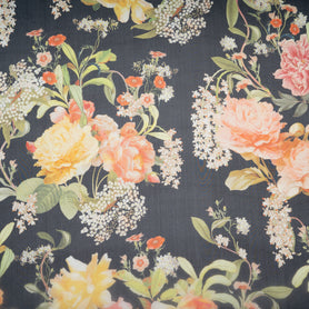 Large Floral Printed Black Pure Silk Organza