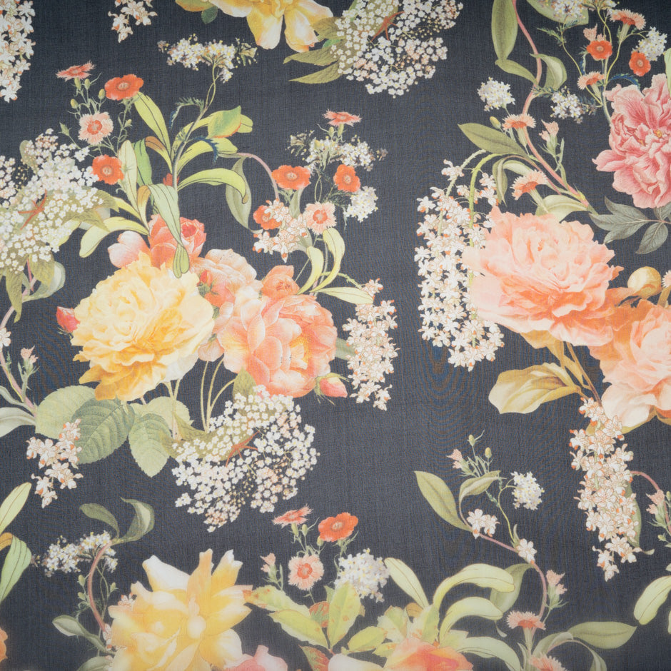 Large Floral Printed Black Pure Silk Organza