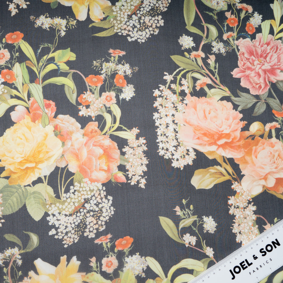 Large Floral Printed Black Pure Silk Organza