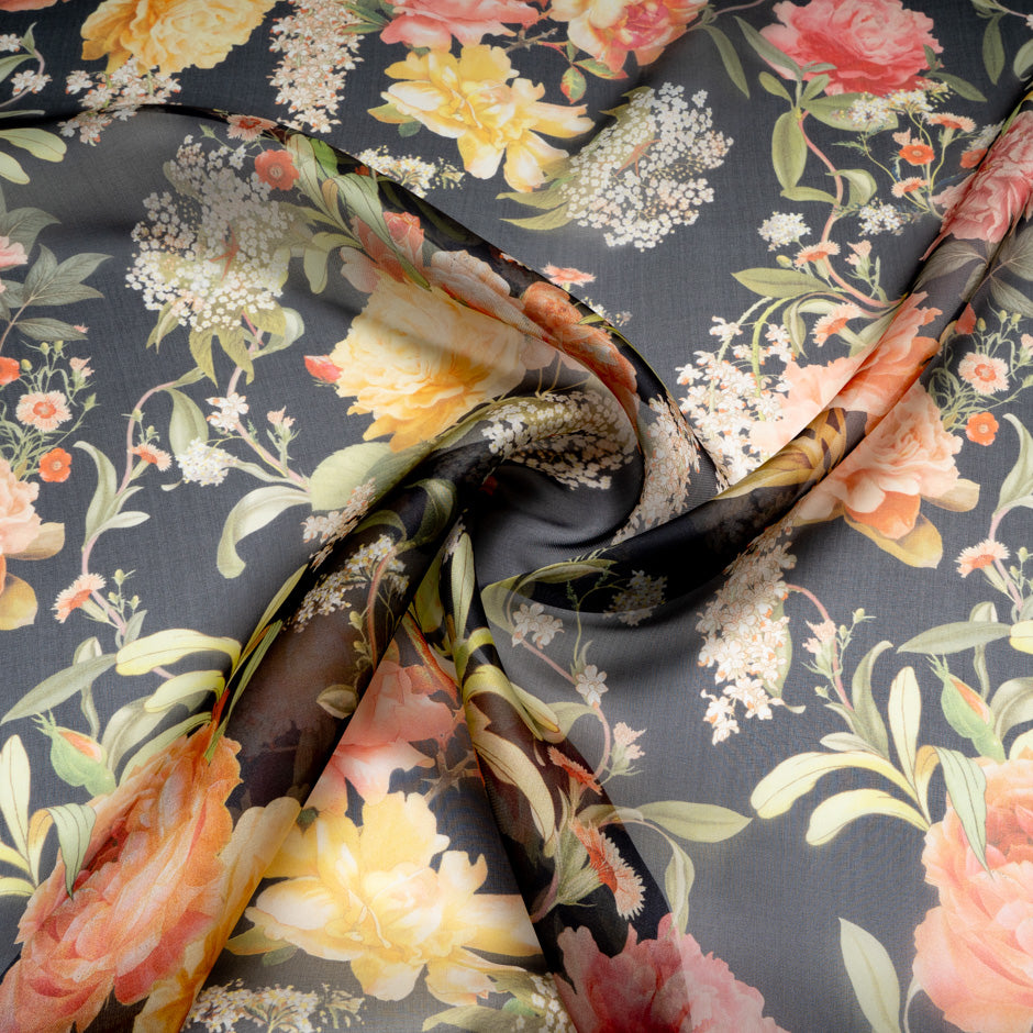 Large Floral Printed Black Pure Silk Organza