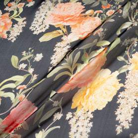 Large Floral Printed Black Pure Silk Organza