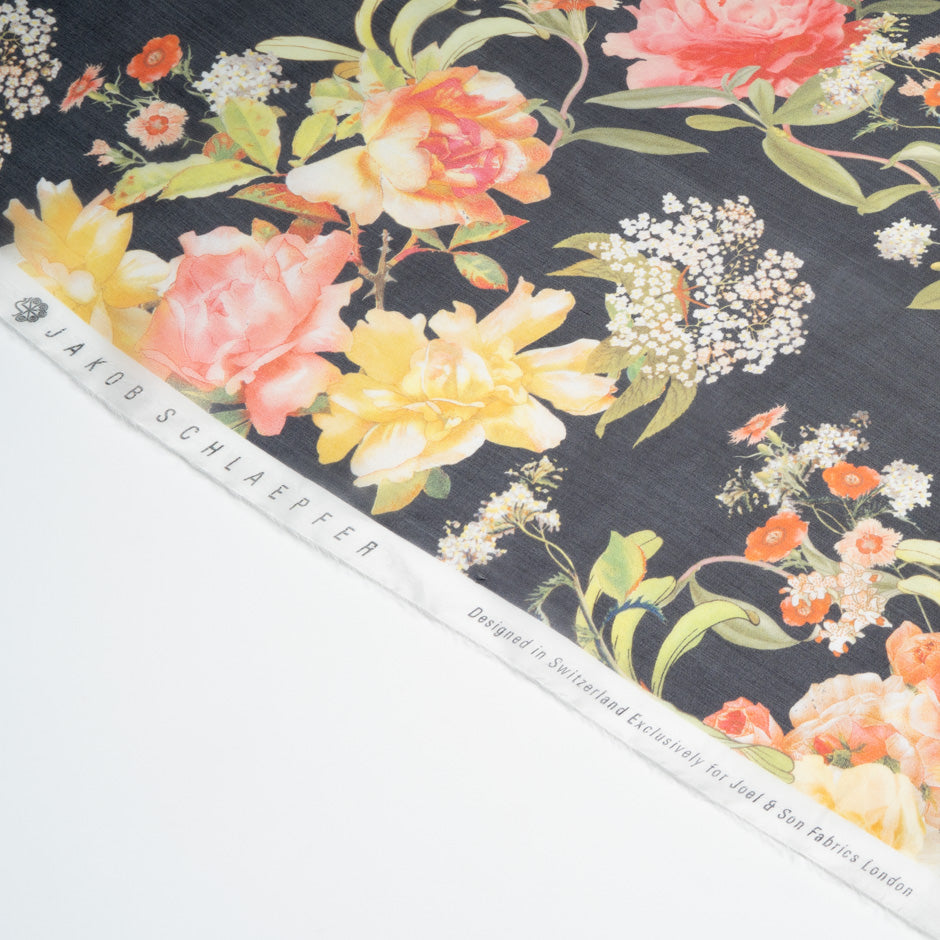 Large Floral Printed Black Pure Silk Organza