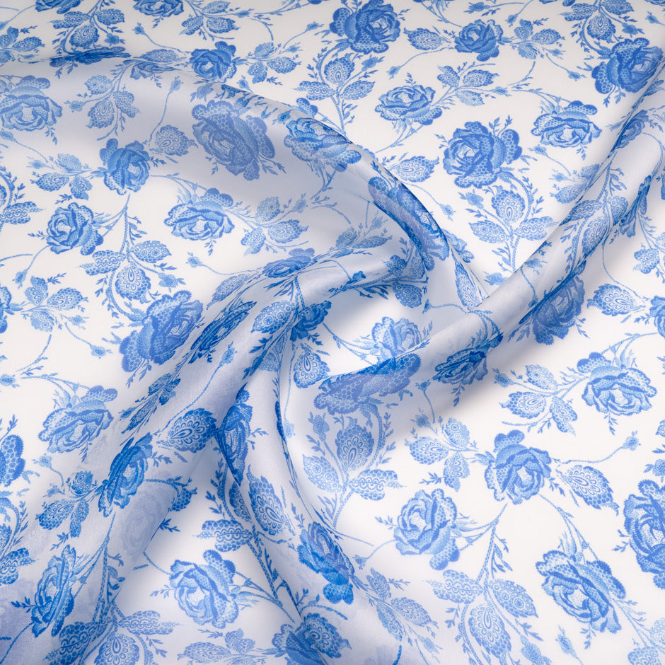 Blue Floral Printed Pure Silk Organza